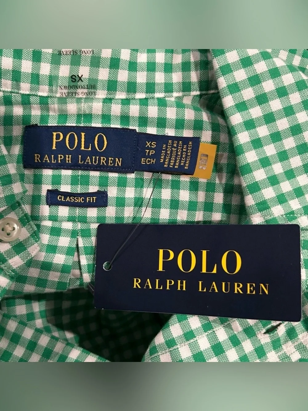Polo Ralph Lauren Gingham Long Sleeves Button Down Shirt Green/White Sz XS NWT